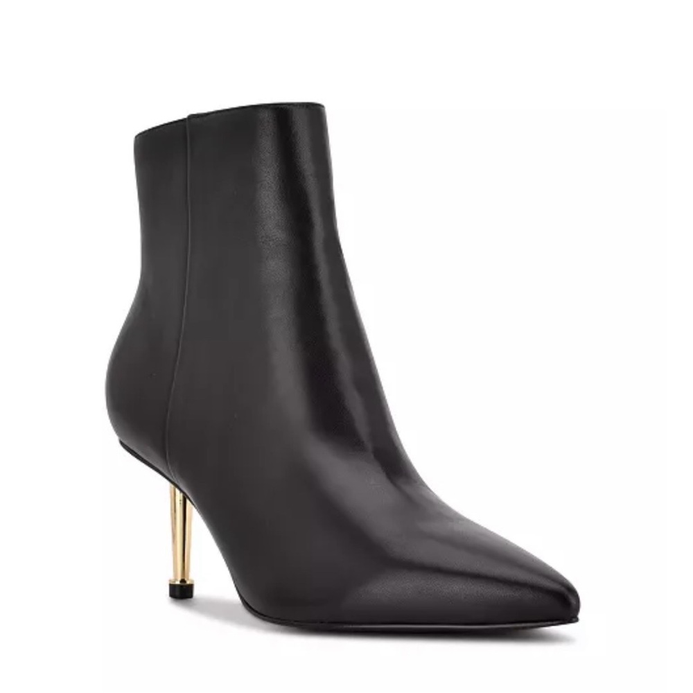 Nine West Ritaa Dress Booties Black Leather Pointed Toe Ankle Boot Gold Heel 7.5